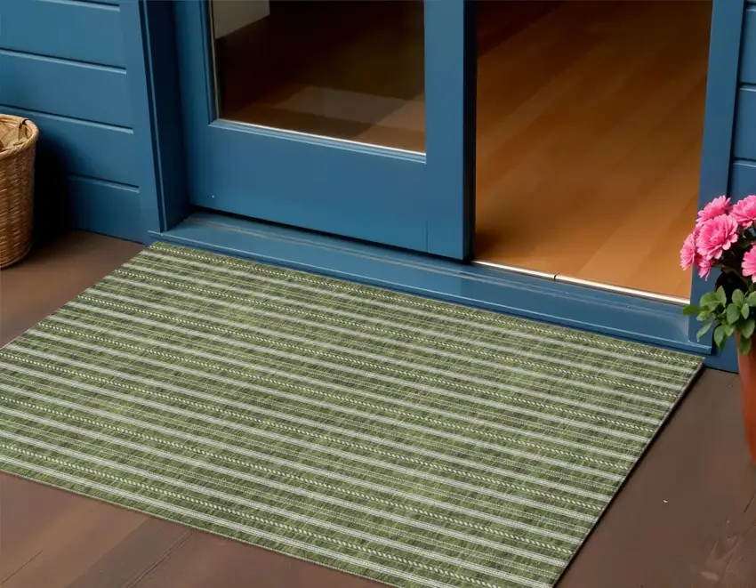 Olive Green And Ivory Striped Washable Indoor Outdoor Area Rug Photo 1