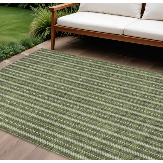 Olive Green And Ivory Striped Washable Indoor Outdoor Area Rug Photo 1