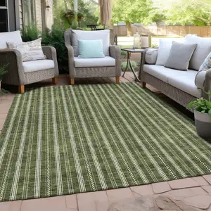 Photo of Olive Green And Ivory Striped Washable Indoor Outdoor Area Rug