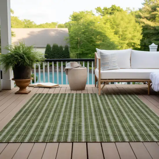 Olive Green And Ivory Striped Washable Indoor Outdoor Area Rug Photo 9