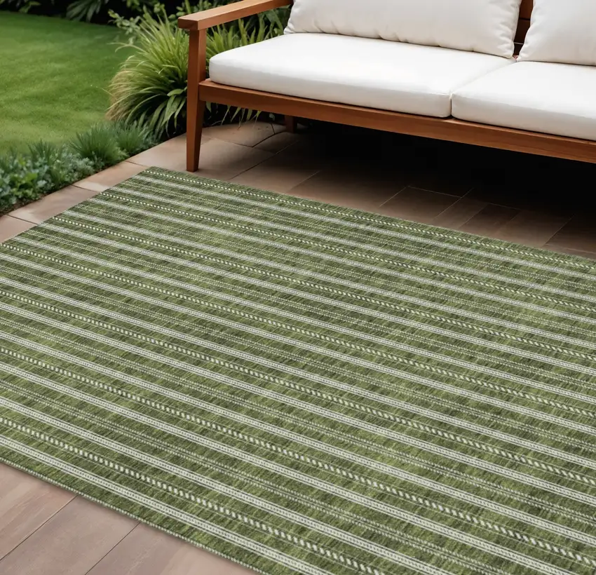 Olive Green And Ivory Striped Washable Indoor Outdoor Area Rug Photo 1