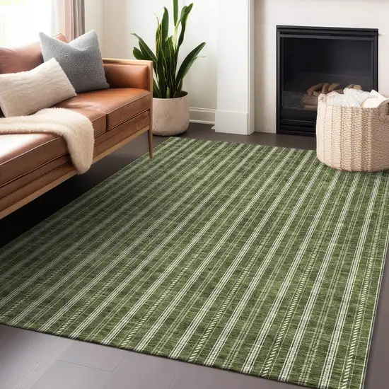 Olive Green And Ivory Striped Washable Indoor Outdoor Area Rug Photo 8