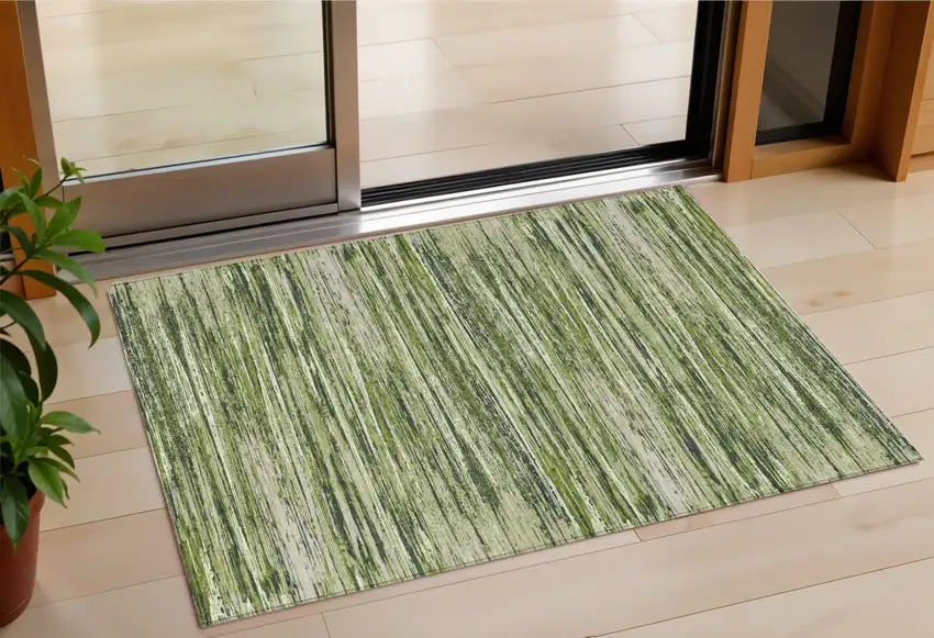 Olive Green And Ivory Striped Washable Indoor Outdoor Area Rug Photo 1