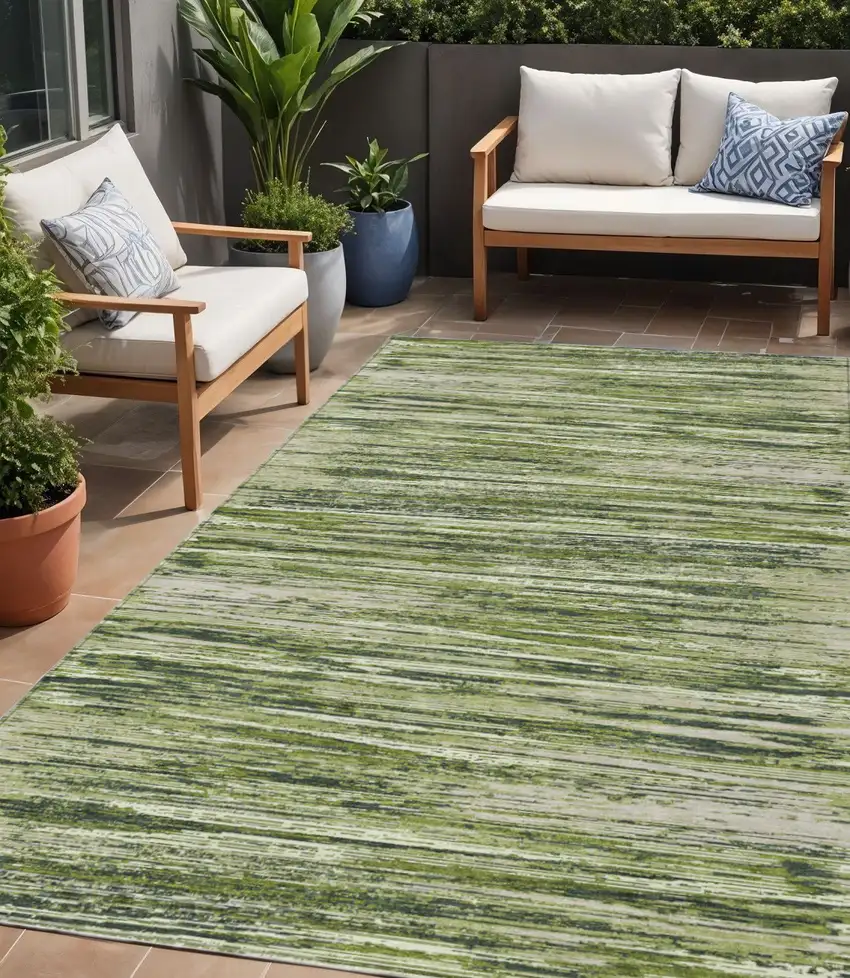 Olive Green And Ivory Striped Washable Indoor Outdoor Area Rug Photo 1