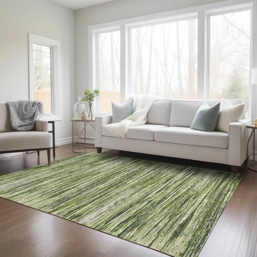 Olive Green And Ivory Striped Washable Indoor Outdoor Area Rug Photo 9
