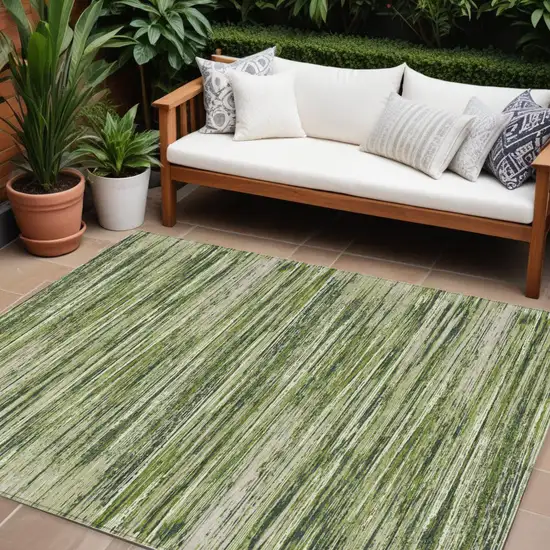 Olive Green And Ivory Striped Washable Indoor Outdoor Area Rug Photo 1