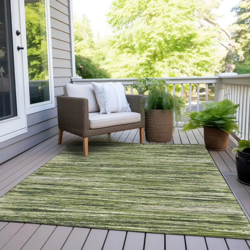 Olive Green And Ivory Striped Washable Indoor Outdoor Area Rug Photo 8