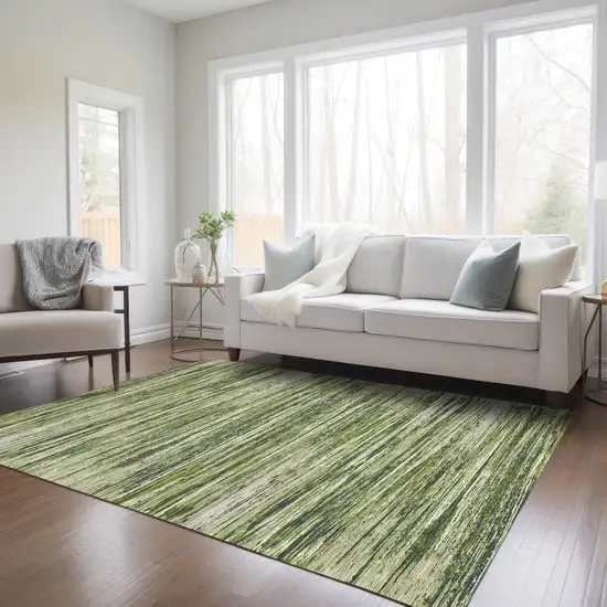Olive Green And Ivory Striped Washable Indoor Outdoor Area Rug Photo 9