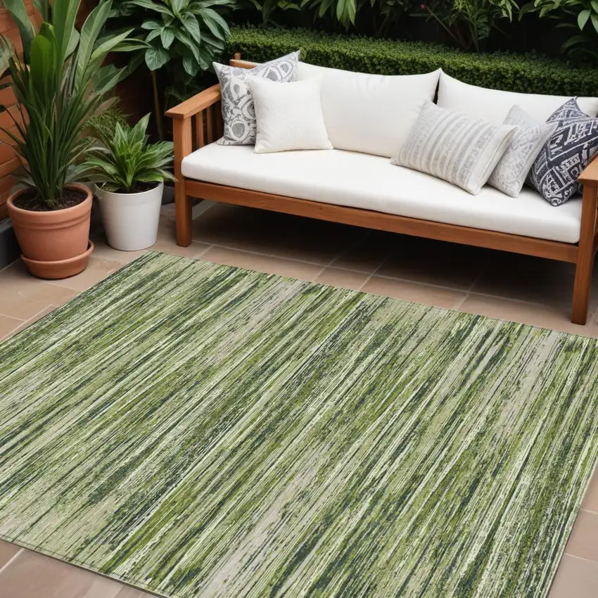 Olive Green And Ivory Striped Washable Indoor Outdoor Area Rug Photo 1