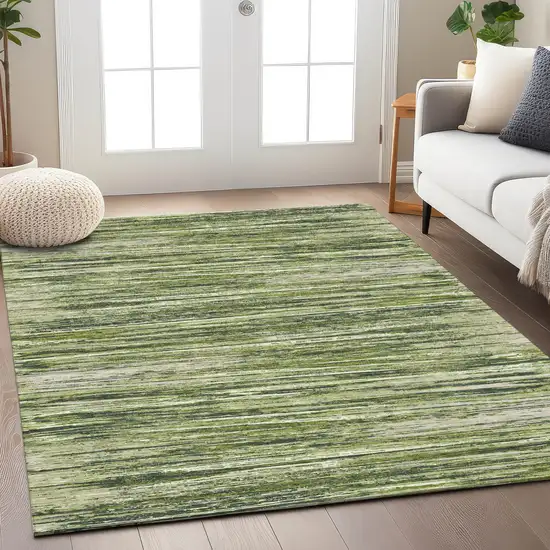 Olive Green And Ivory Striped Washable Indoor Outdoor Area Rug Photo 9