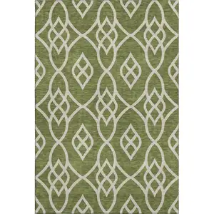 Photo of Olive Green And Ivory Trellis Washable Area Rug With UV Protection