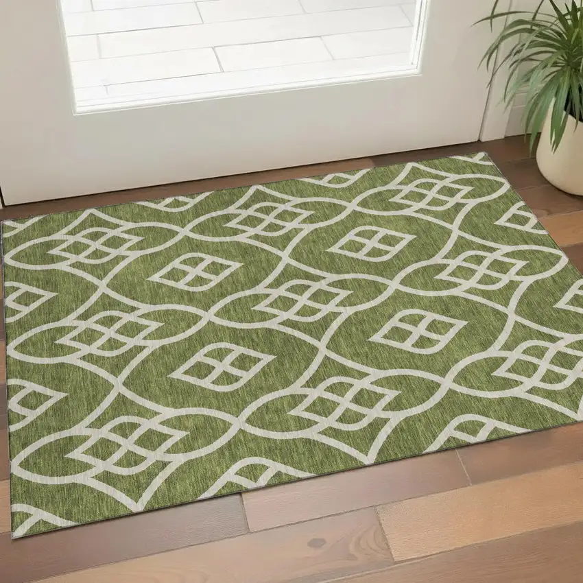 Olive Green And Ivory Trellis Washable Area Rug With UV Protection Photo 1