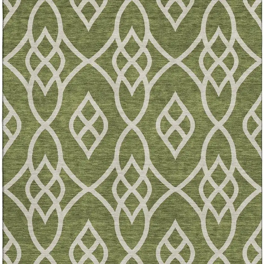 Olive Green And Ivory Trellis Washable Area Rug With UV Protection Photo 4