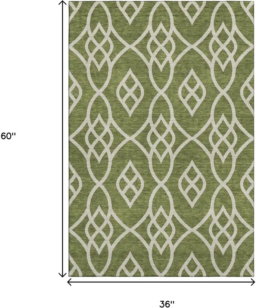 Olive Green And Ivory Trellis Washable Area Rug With UV Protection Photo 3