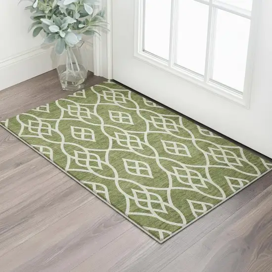 Olive Green And Ivory Trellis Washable Area Rug With UV Protection Photo 2