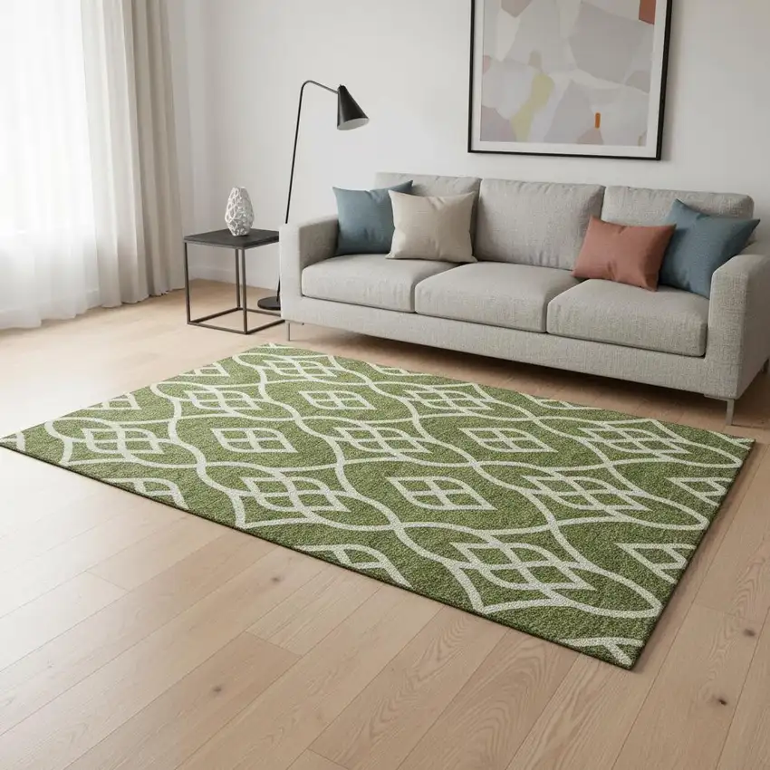 Olive Green And Ivory Trellis Washable Area Rug With UV Protection Photo 2