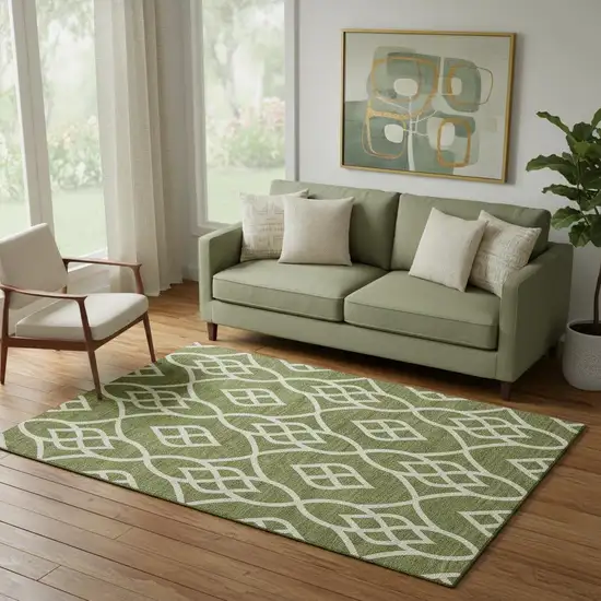 Olive Green And Ivory Trellis Washable Area Rug With UV Protection Photo 1