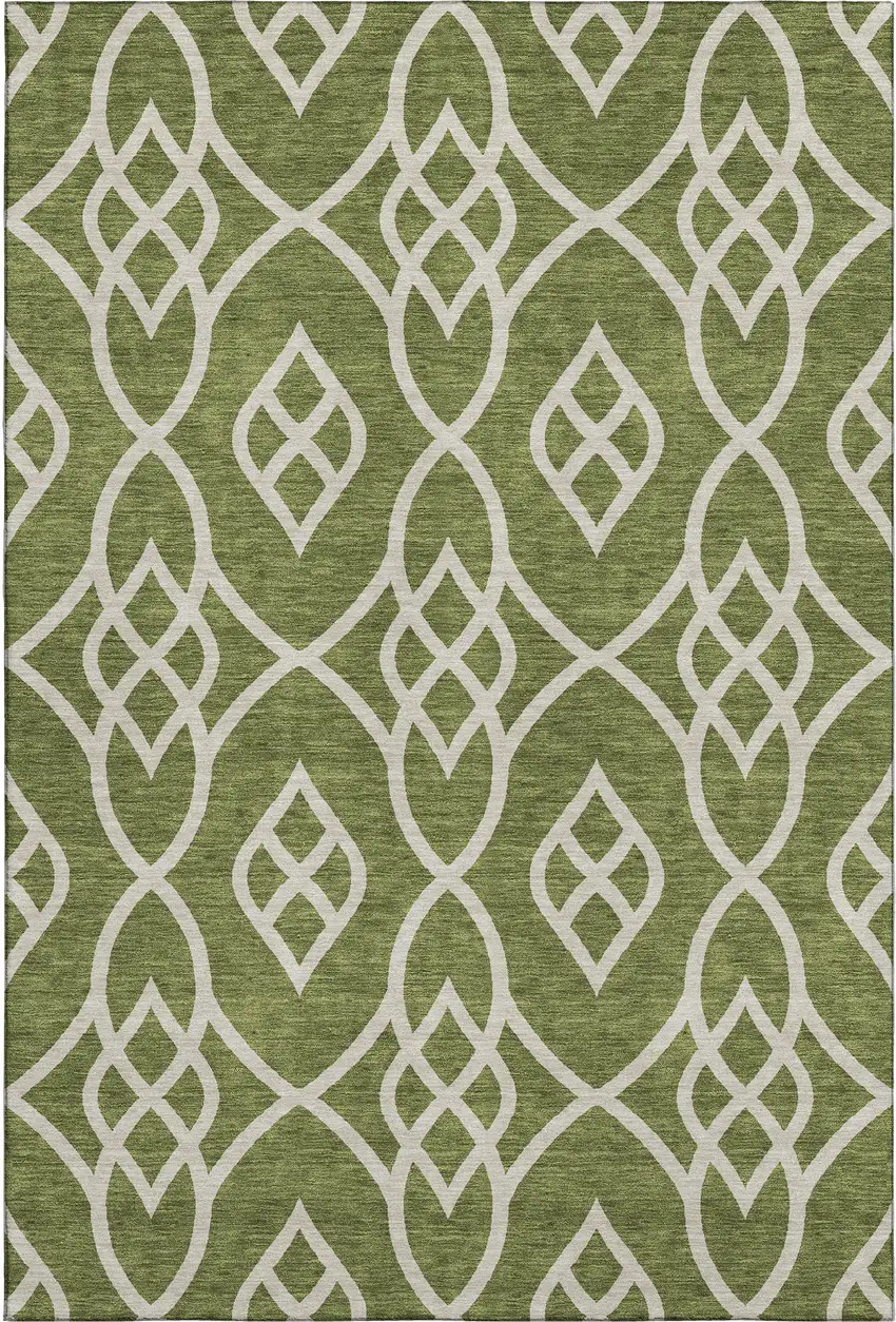 Olive Green And Ivory Trellis Washable Area Rug With UV Protection Photo 1