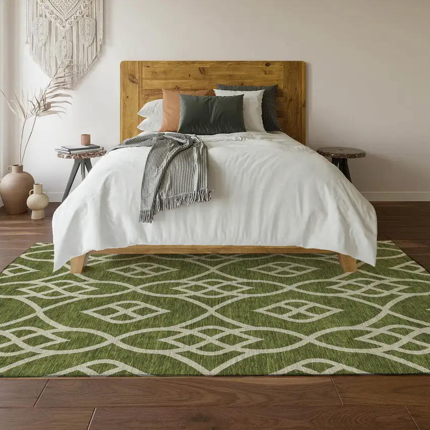Olive Green And Ivory Trellis Washable Area Rug With UV Protection Photo 6