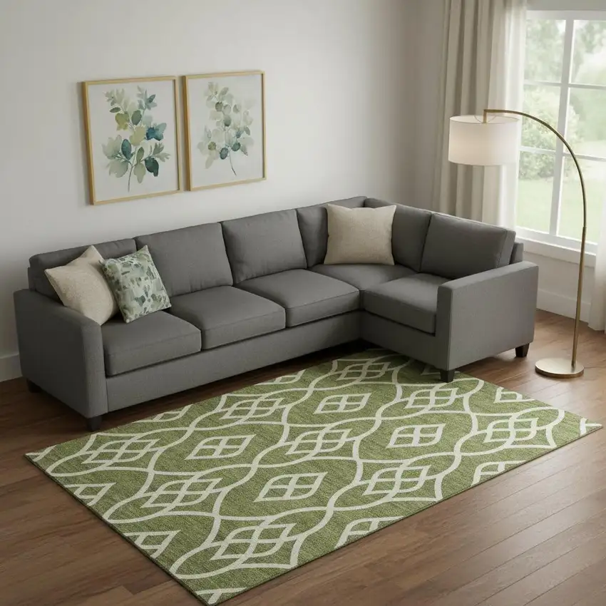 Olive Green And Ivory Trellis Washable Area Rug With UV Protection Photo 1