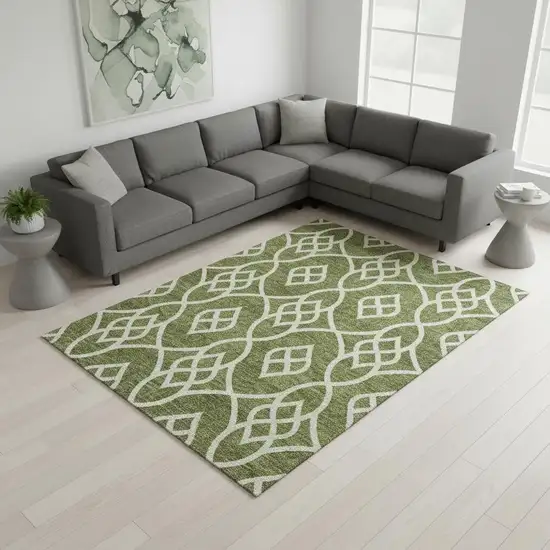 Olive Green And Ivory Trellis Washable Area Rug With UV Protection Photo 2