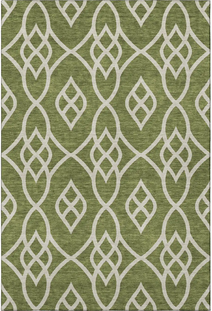 Olive Green And Ivory Trellis Washable Area Rug With UV Protection Photo 4