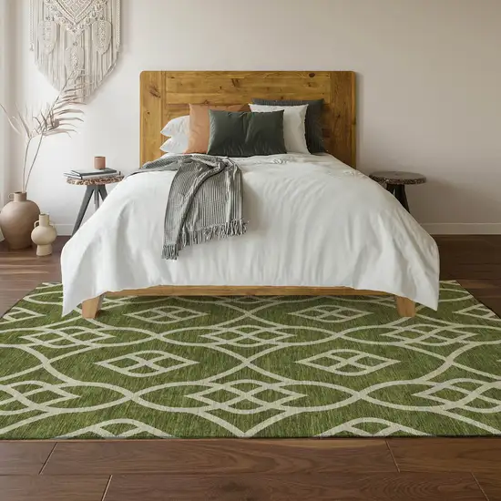 Olive Green And Ivory Trellis Washable Area Rug With UV Protection Photo 6