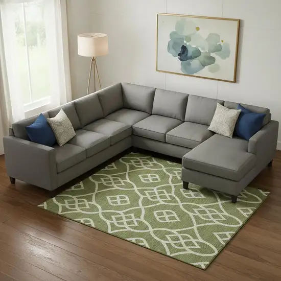 Olive Green And Ivory Trellis Washable Area Rug With UV Protection Photo 2