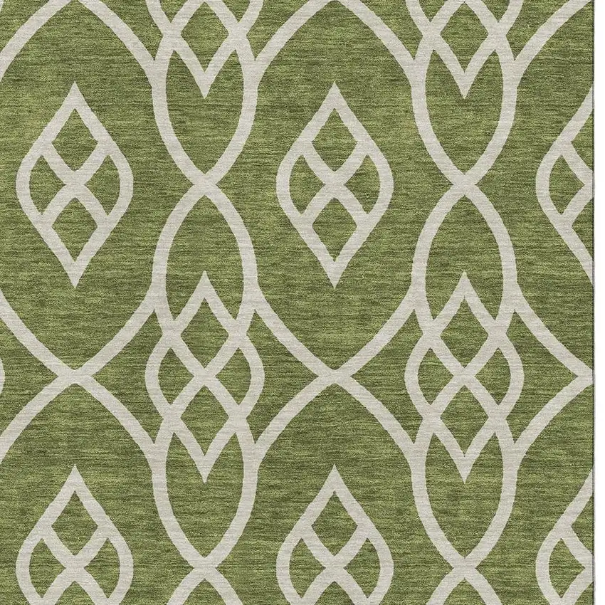 Olive Green And Ivory Trellis Washable Area Rug With UV Protection Photo 3