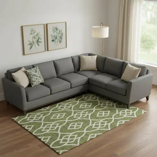 Olive Green And Ivory Trellis Washable Area Rug With UV Protection Photo 1