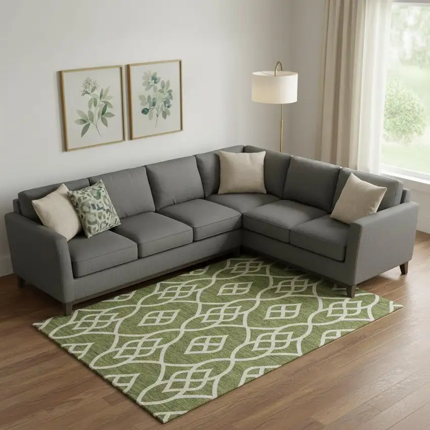 Olive Green And Ivory Trellis Washable Area Rug With UV Protection Photo 1