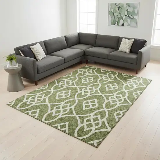 Olive Green And Ivory Trellis Washable Area Rug With UV Protection Photo 2