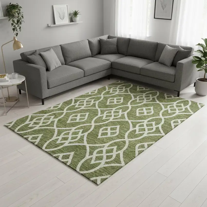 Olive Green And Ivory Trellis Washable Area Rug With UV Protection Photo 2