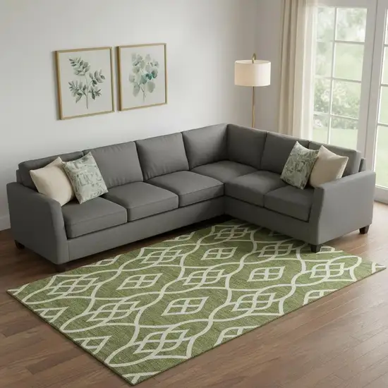 Olive Green And Ivory Trellis Washable Area Rug With UV Protection Photo 1