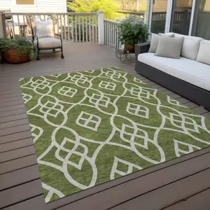 Photo of Olive Green And Ivory Trellis Washable Indoor Outdoor Area Rug