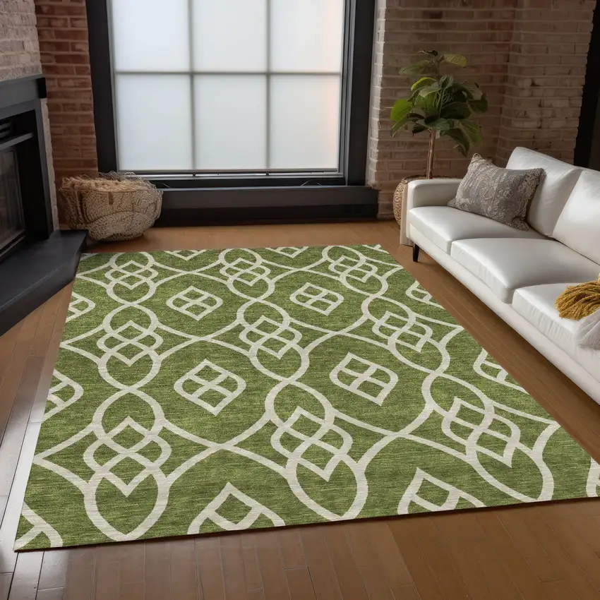 Olive Green And Ivory Trellis Washable Indoor Outdoor Area Rug Photo 9