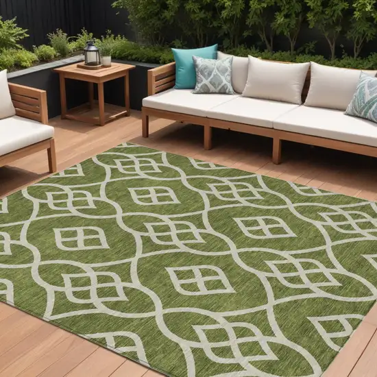 Olive Green And Ivory Trellis Washable Indoor Outdoor Area Rug Photo 1
