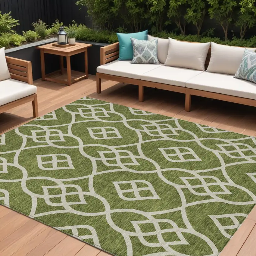 Olive Green And Ivory Trellis Washable Indoor Outdoor Area Rug Photo 1