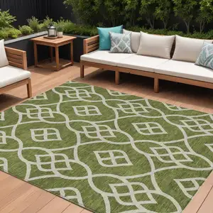 Photo of Olive Green And Ivory Trellis Washable Indoor Outdoor Area Rug