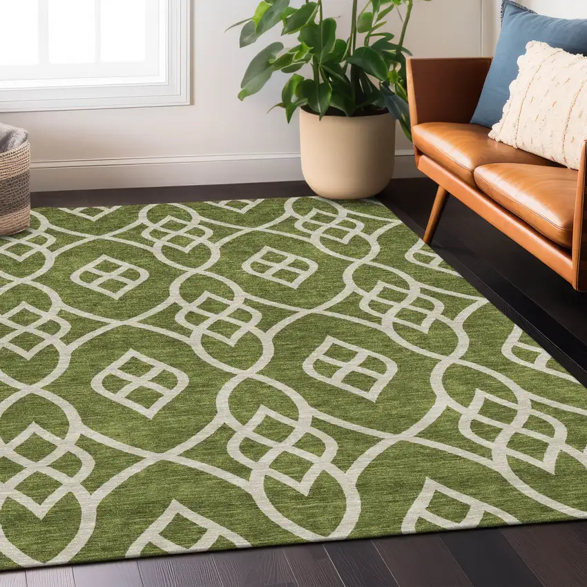 Olive Green And Ivory Trellis Washable Indoor Outdoor Area Rug Photo 9