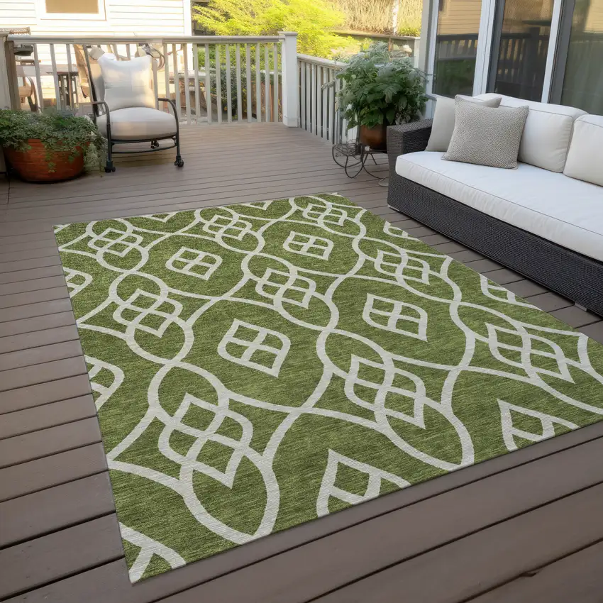 Olive Green And Ivory Trellis Washable Indoor Outdoor Area Rug Photo 8