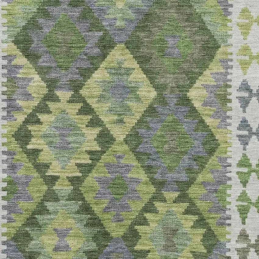 Olive Green And Ivory Tribal Washable Area Rug With UV Protection Photo 3