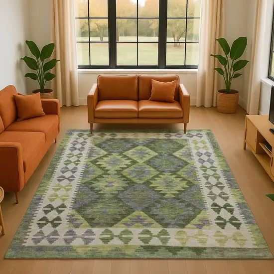 Olive Green And Ivory Tribal Washable Area Rug With UV Protection Photo 5