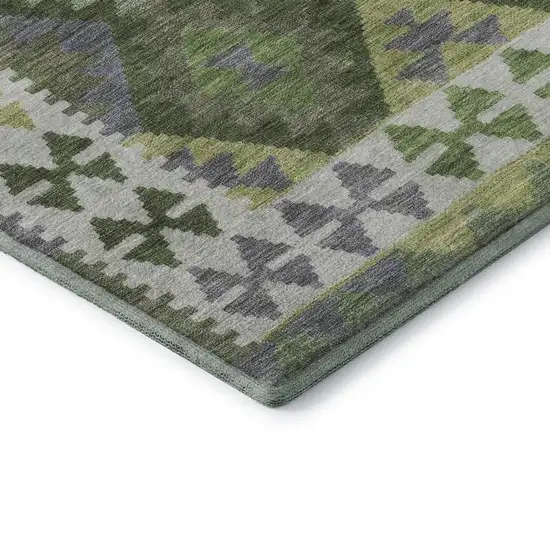 Olive Green And Ivory Tribal Washable Area Rug With UV Protection Photo 8