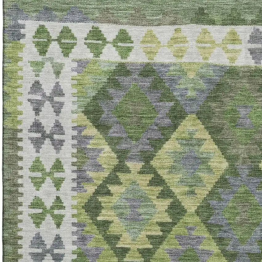 Olive Green And Ivory Tribal Washable Area Rug With UV Protection Photo 3