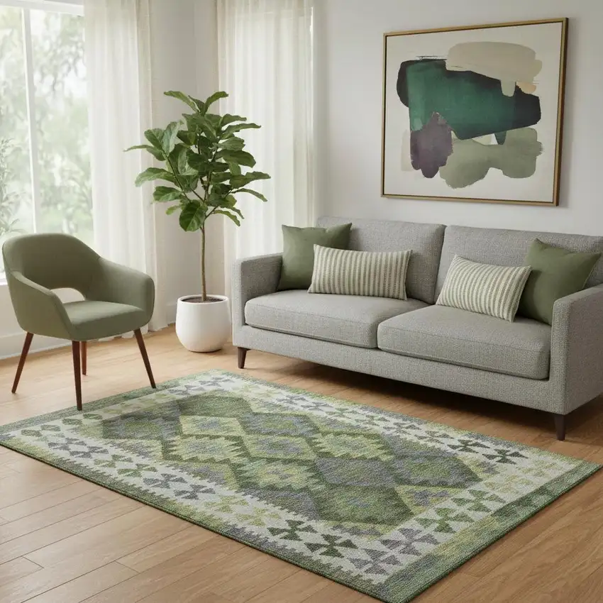 Olive Green And Ivory Tribal Washable Area Rug With UV Protection Photo 2