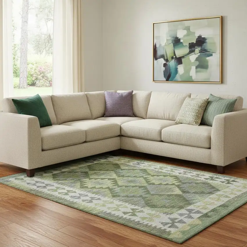 Olive Green And Ivory Tribal Washable Area Rug With UV Protection Photo 2