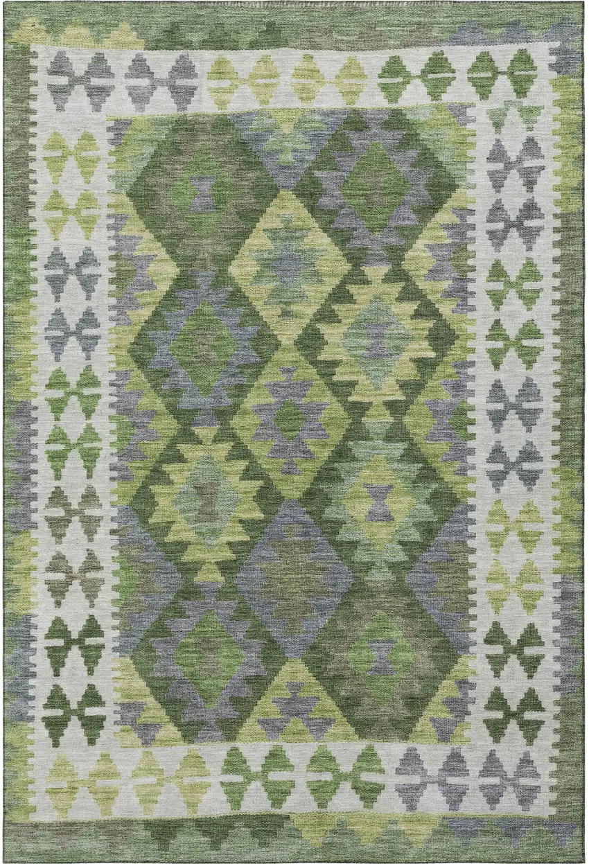 Olive Green And Ivory Tribal Washable Area Rug With UV Protection Photo 4