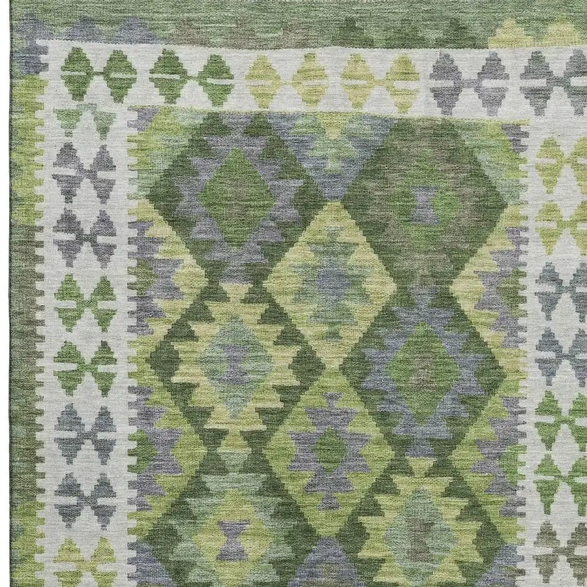 Olive Green And Ivory Tribal Washable Area Rug With UV Protection Photo 3