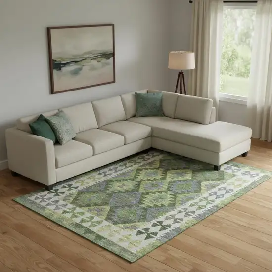 Olive Green And Ivory Tribal Washable Area Rug With UV Protection Photo 2